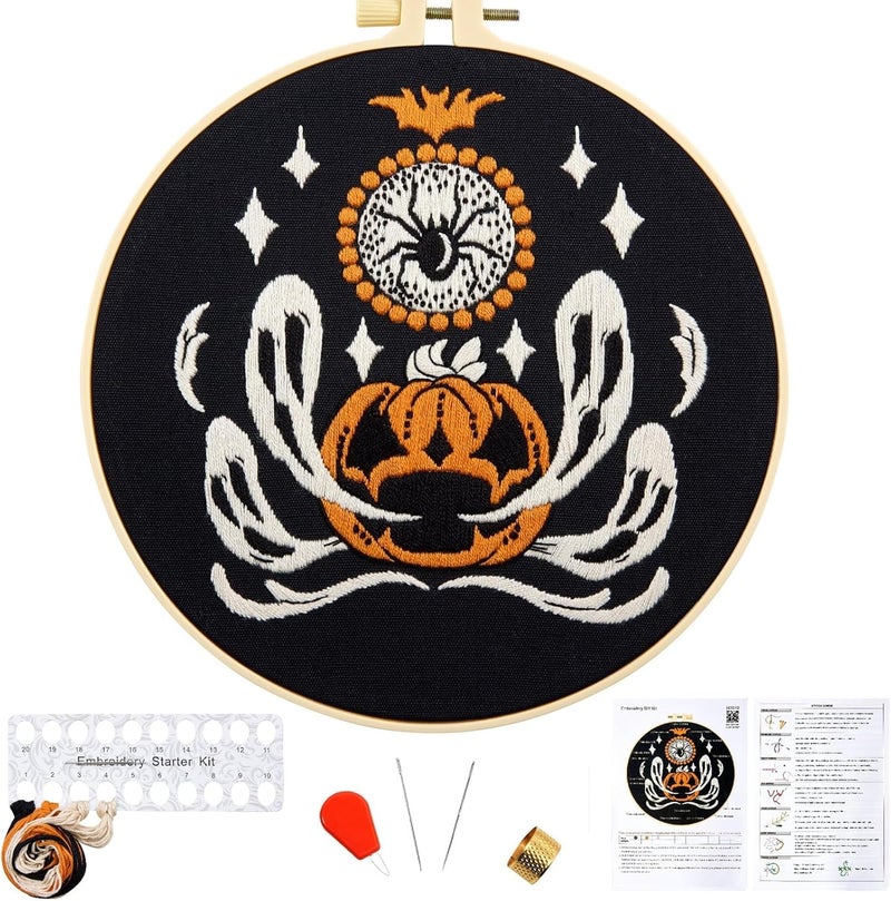 Crafmanoe Halloween Embroidery Kits for Beginners Adults, Ghost Embroidery Starter Kits, Halloween Cross Stitch Kits for Beginners Adults Hobbies for Women, Embroidery Fabric, Threads, Hoops and Video Tutorial - Image 1